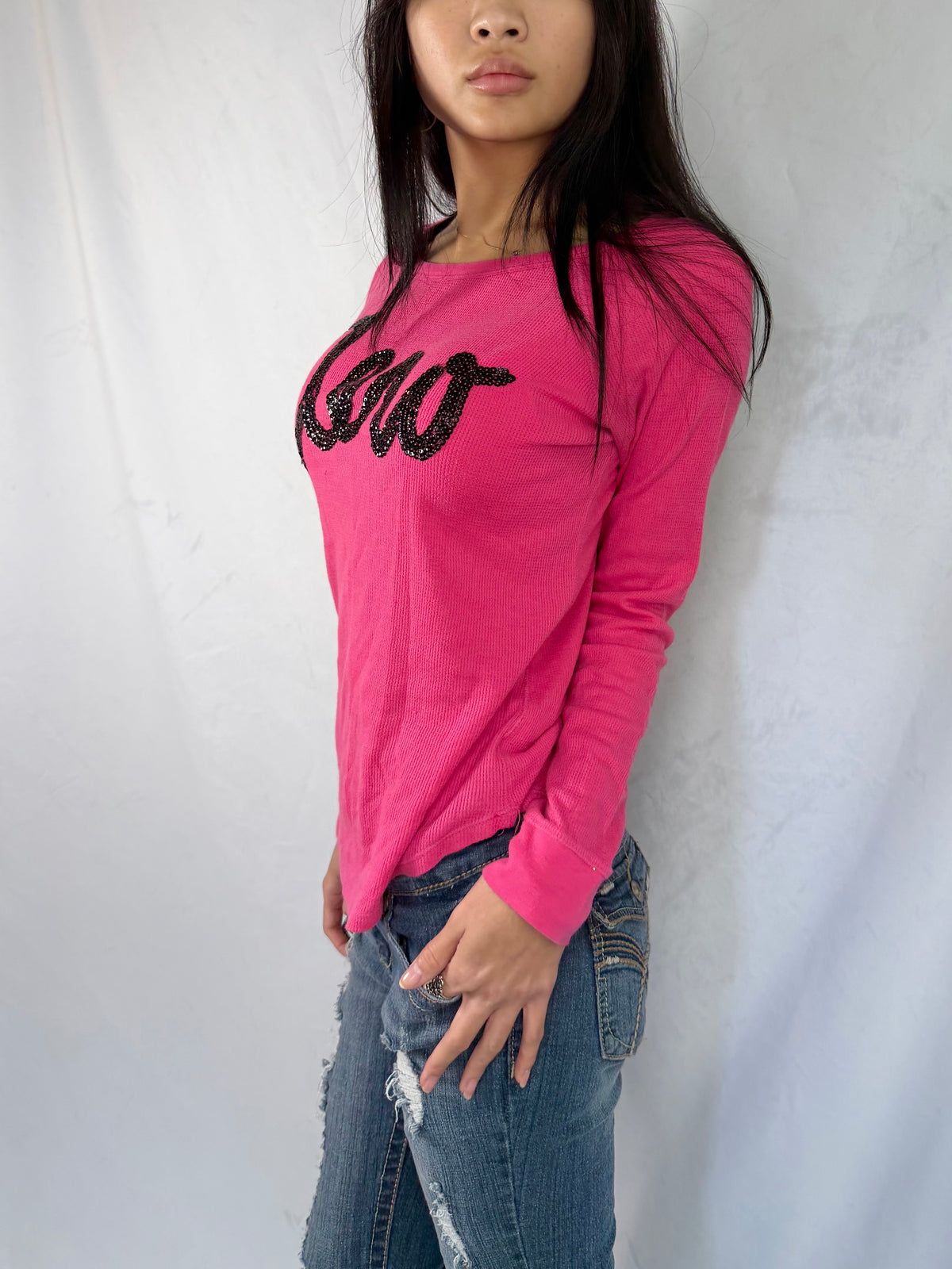 Vintage Aeropostale pink sequin henley top