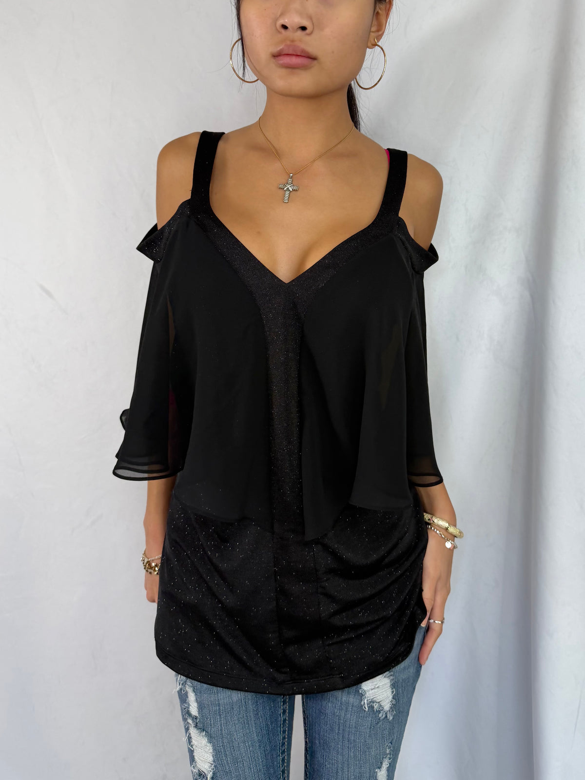 Vintage black sparkle batwing top