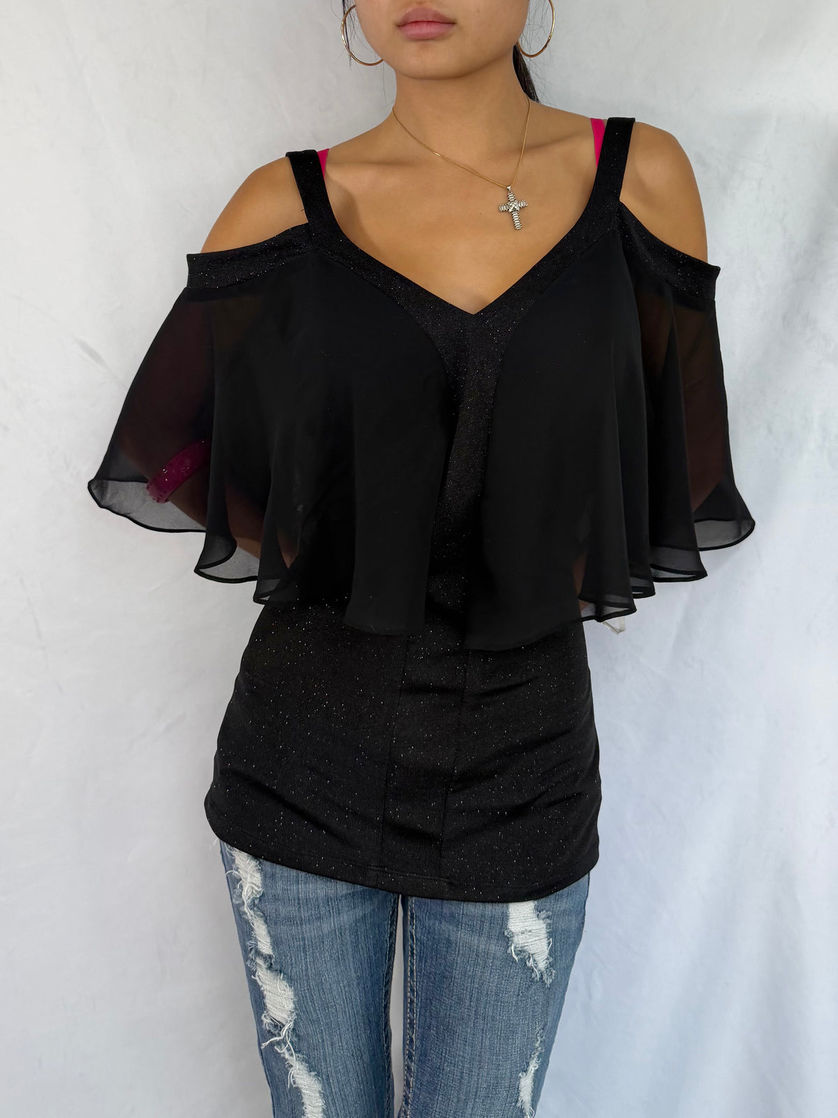 Vintage black sparkle batwing top
