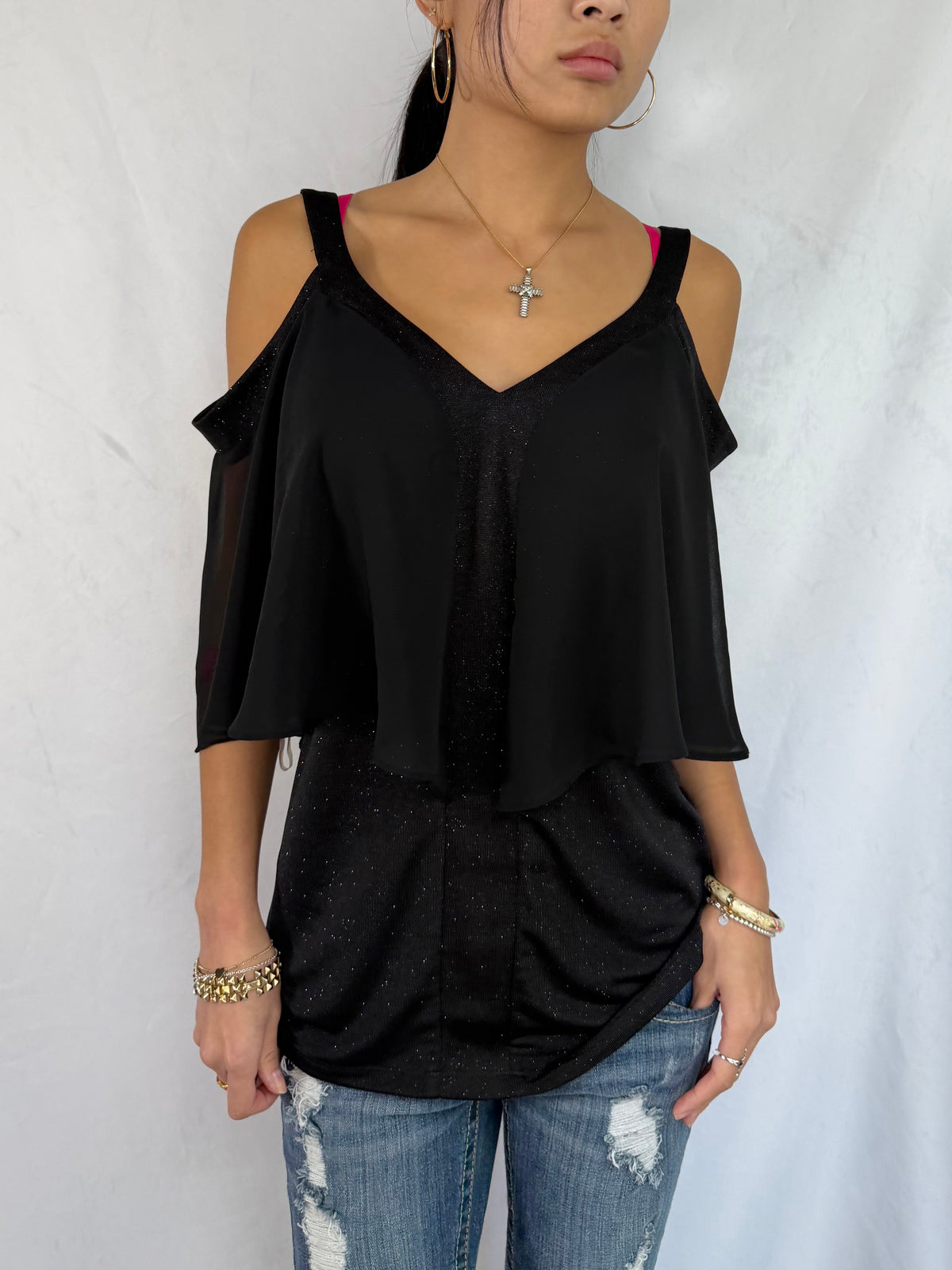 Vintage black sparkle batwing top