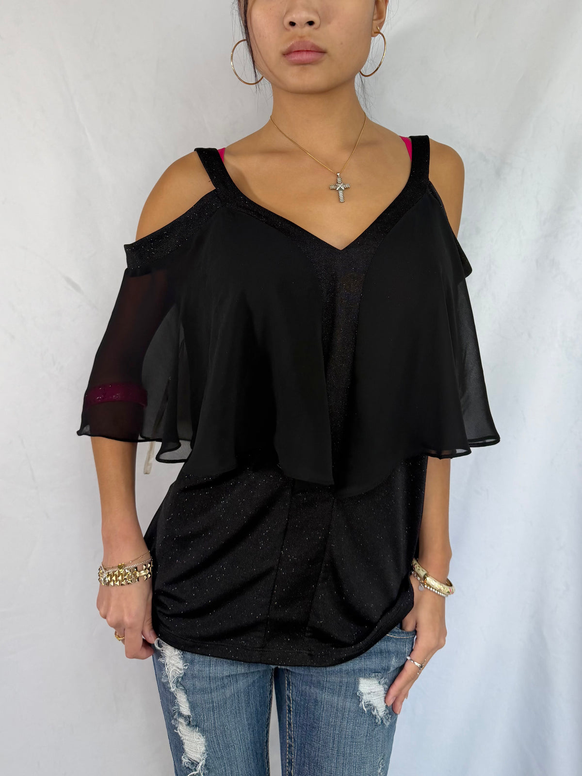 Vintage black sparkle batwing top