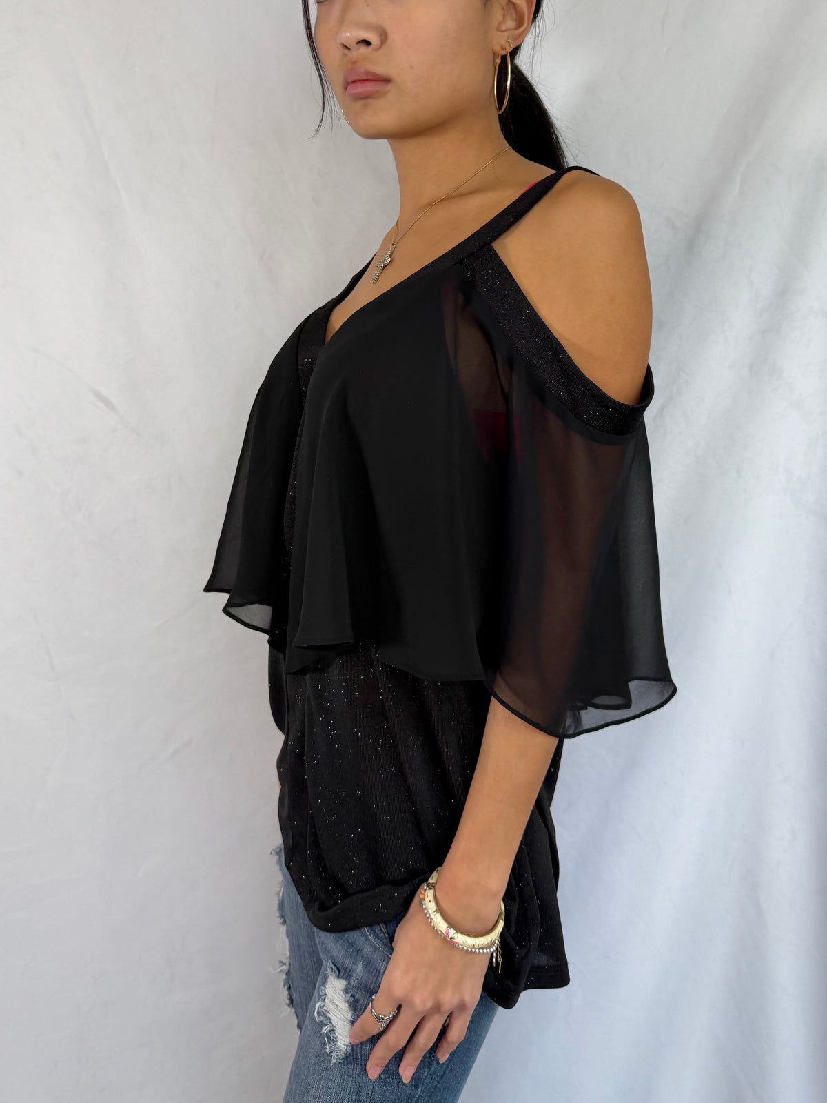 Vintage black sparkle batwing top