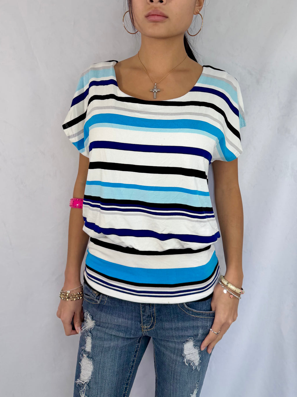 Vintage blue striped off the shoulder top