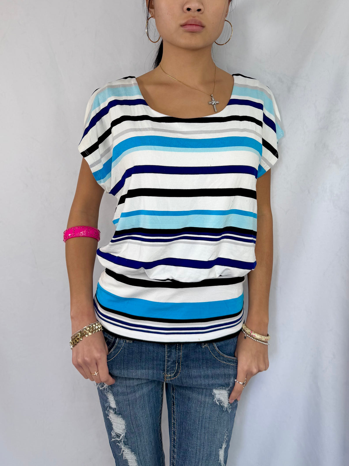 Vintage blue striped off the shoulder top