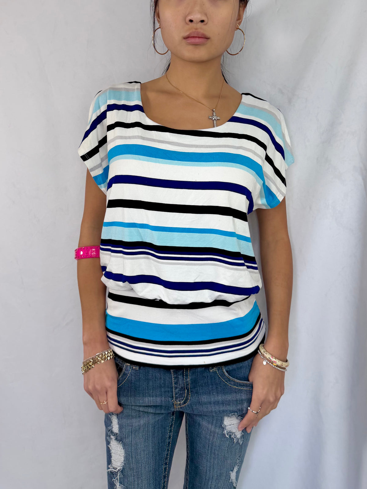 Vintage blue striped off the shoulder top