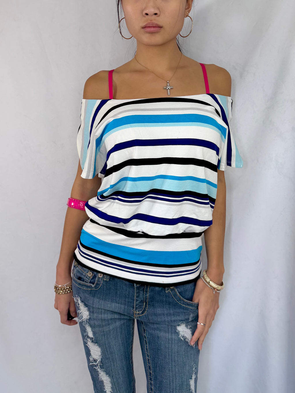 Vintage blue striped off the shoulder top