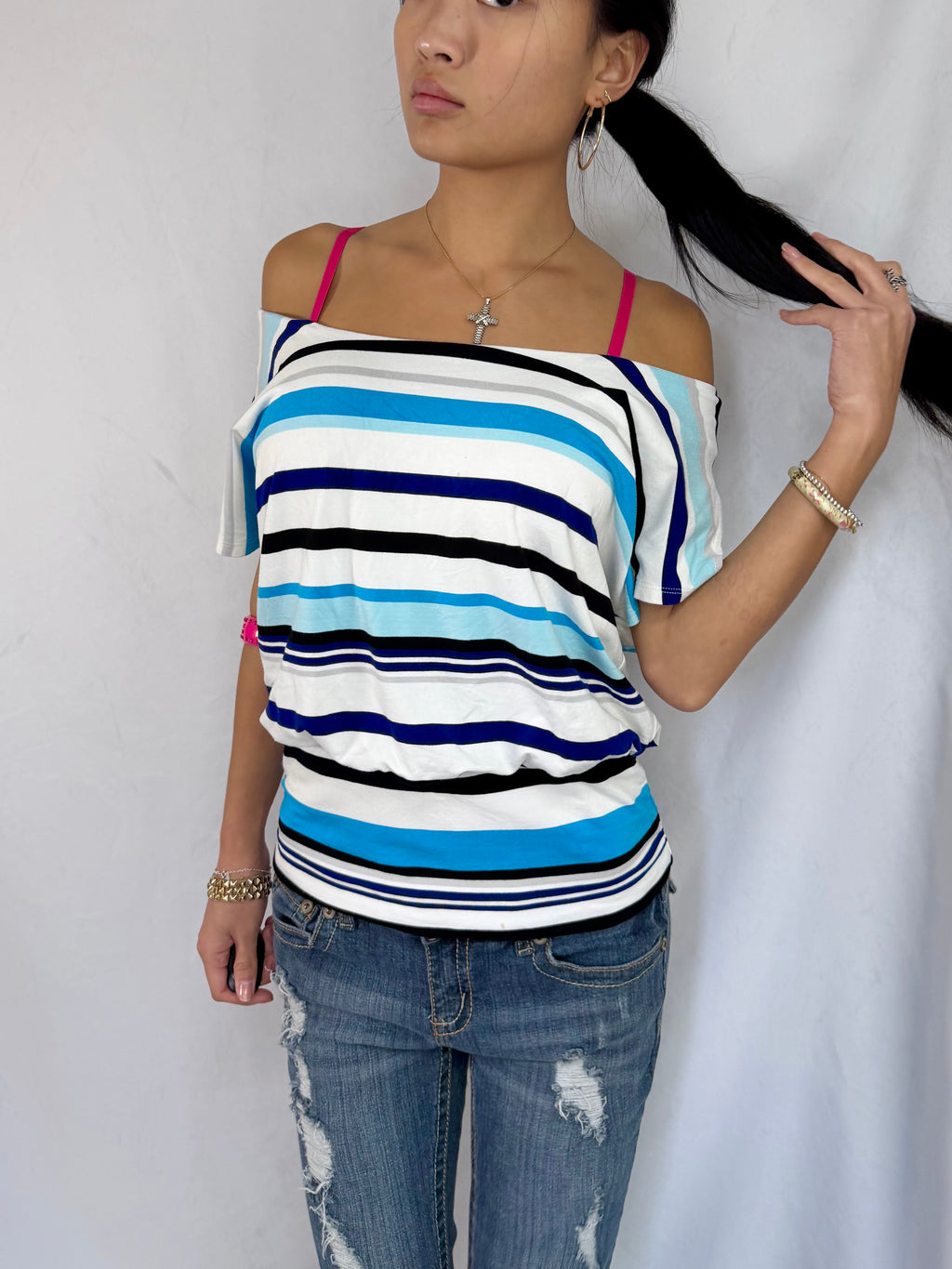 Vintage blue striped off the shoulder top
