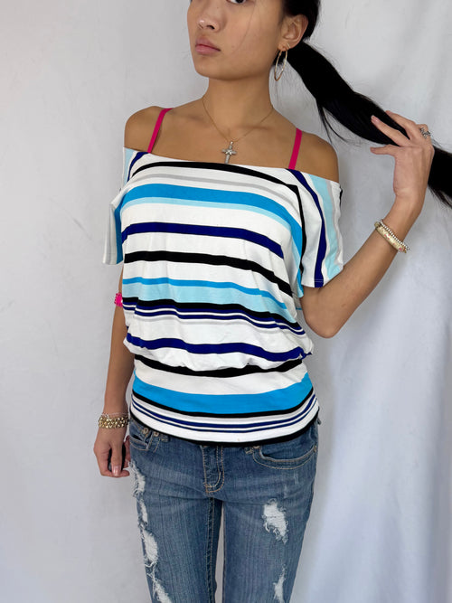 Vintage blue striped off the shoulder top