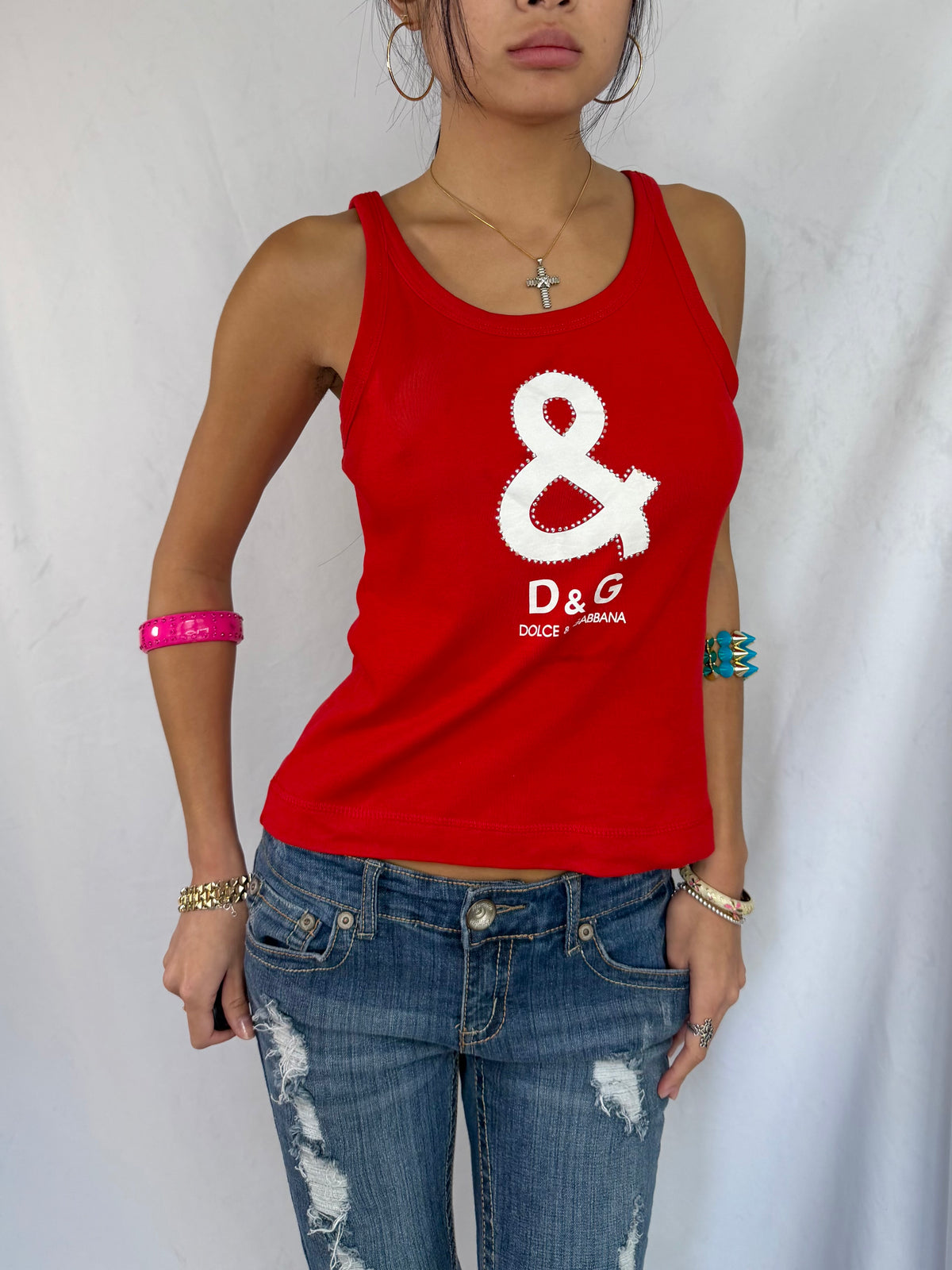 Vintage Dolce & Gabbana red rhinestone tank top