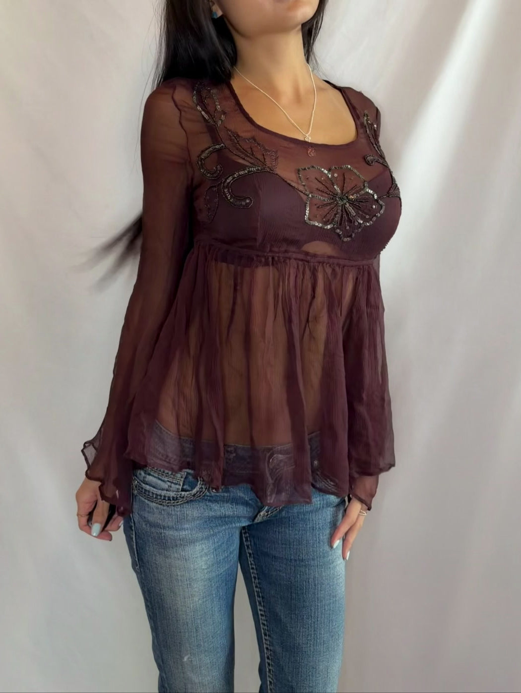 Vintage brown sheer babydoll top